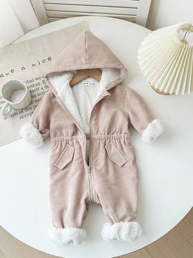 SHEIN جمبسوت رضيع بنات خارجية بنمط الحمولة مع قلنسوة من الفليس، جمبسوت رضيع كاجوال مع سحاب للخريف/الشتاء، ملابس رضيع بنات شتوية، معطف/جمبسوت رضيع بنات للخريف