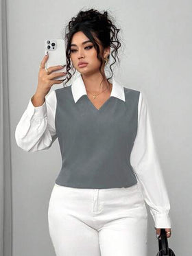 Elenzga قميص نسائي أنيق للتنقل اليومي، بتصميم بسيط وعصري وقابل للاستخدام في مختلف المناسبات، مصنوع من قماش مريح، بياقة قميص وأكمام طويلة، بتصميم منتظم باللونين الأسود والأبيض، مناسب للربيع والصيف والخريف، متوفر بمقاسات كبيرة الحجم