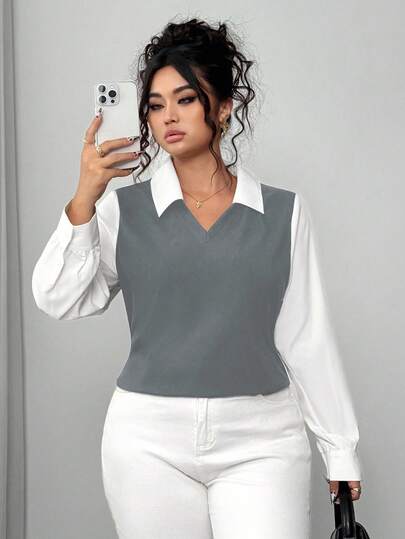 Elenzga قميص نسائي أنيق للتنقل اليومي، بتصميم بسيط وعصري وقابل للاستخدام في مختلف المناسبات، مصنوع من قماش مريح، بياقة قميص وأكمام طويلة، بتصميم منتظم باللونين الأسود والأبيض، مناسب للربيع والصيف والخريف، متوفر بمقاسات كبيرة الحجم