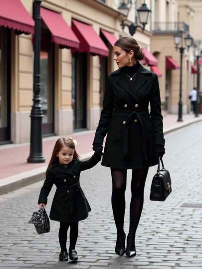 SHEIN بلوفر أنيق أسود للبنات الصغيرات، طقم ملابس متطابق للأم والطفلة في فصل الخريف والشتاء