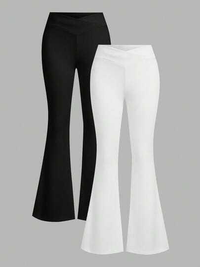 SHEIN EZwear مجموعة سروال ضيق بتصميم خصر متقاطع أبيض وأسود للنساء، مناسب للخريف/الشتاء