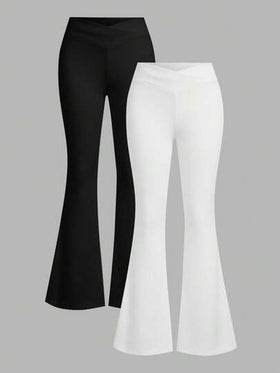 SHEIN EZwear مجموعة سروال ضيق بتصميم خصر متقاطع أبيض وأسود للنساء، مناسب للخريف/الشتاء