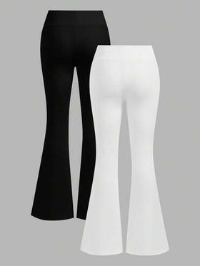 SHEIN EZwear مجموعة سروال ضيق بتصميم خصر متقاطع أبيض وأسود للنساء، مناسب للخريف/الشتاء