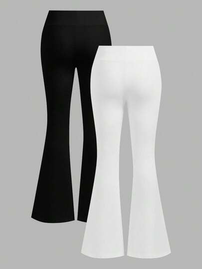 SHEIN EZwear مجموعة سروال ضيق بتصميم خصر متقاطع أبيض وأسود للنساء، مناسب للخريف/الشتاء