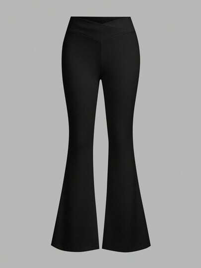SHEIN EZwear مجموعة سروال ضيق بتصميم خصر متقاطع أبيض وأسود للنساء، مناسب للخريف/الشتاء