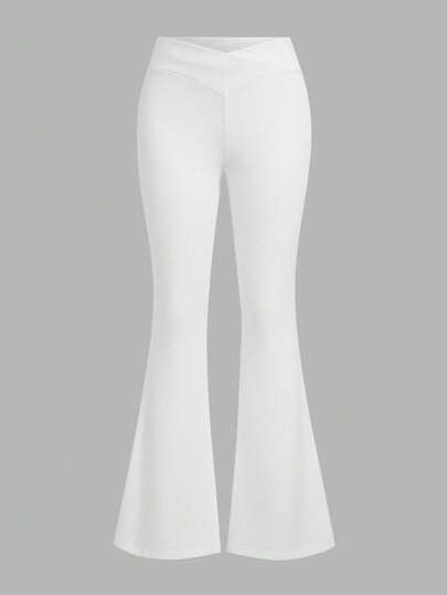 SHEIN EZwear مجموعة سروال ضيق بتصميم خصر متقاطع أبيض وأسود للنساء، مناسب للخريف/الشتاء