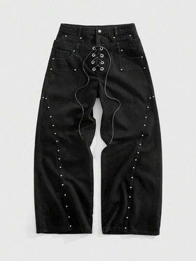 ROMWE MEN Grunge Punk بنطلون جينز رجالي فضفاض بأرجل واسعة وجيوب ربطة عنق، طراز جرانج