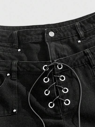 ROMWE MEN Grunge Punk بنطلون جينز رجالي فضفاض بأرجل واسعة وجيوب ربطة عنق، طراز جرانج