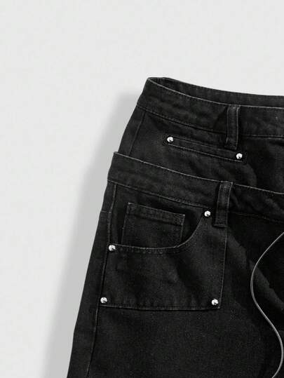 ROMWE MEN Grunge Punk بنطلون جينز رجالي فضفاض بأرجل واسعة وجيوب ربطة عنق، طراز جرانج