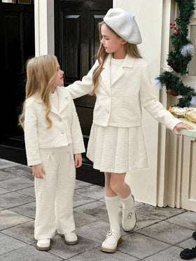 SHEIN Elladie kids طقم جاكيت قصيرة مريحة ذات ياقة وبنطال طويل كاجوال للفتاة الصغيرة