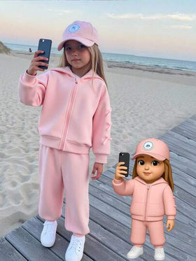 SHEIN Genkimix Kids طقم جاكيت مقنعة وبنطلون مزين بفيونكة للفتيات الصغيرات