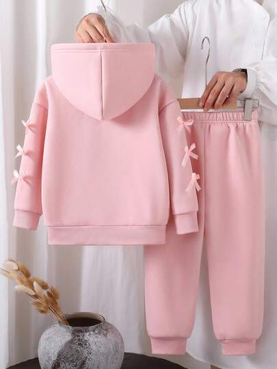 SHEIN Genkimix Kids طقم جاكيت مقنعة وبنطلون مزين بفيونكة للفتيات الصغيرات