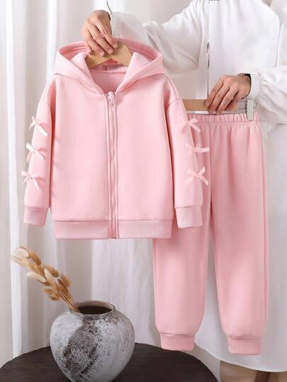 SHEIN Genkimix Kids طقم جاكيت مقنعة وبنطلون مزين بفيونكة للفتيات الصغيرات