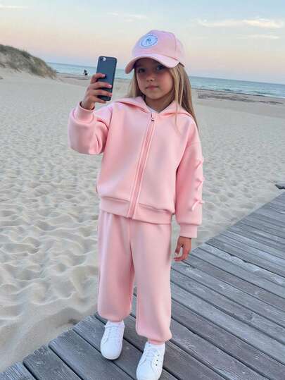 SHEIN Genkimix Kids طقم جاكيت مقنعة وبنطلون مزين بفيونكة للفتيات الصغيرات
