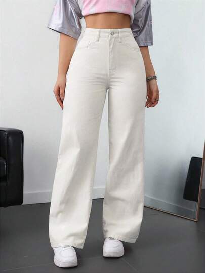 SHEIN ICON بنطلون جينز واسع ذو لون أحادي، خفيف للارتداء اليومي والاستخدام المتنوع