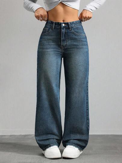 SHEIN ICON جينز كاجوال فضفاض، غسيل فينتاج وساق واسعة