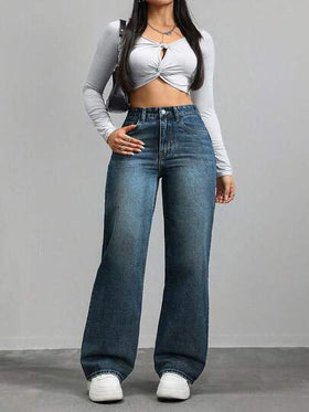 SHEIN ICON جينز كاجوال فضفاض، غسيل فينتاج وساق واسعة