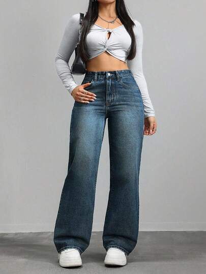 SHEIN ICON جينز كاجوال فضفاض، غسيل فينتاج وساق واسعة
