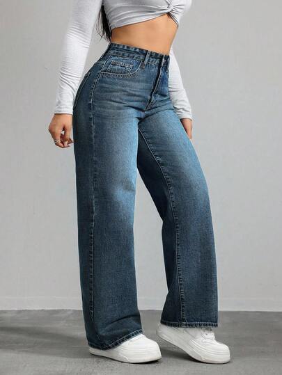 SHEIN ICON جينز كاجوال فضفاض، غسيل فينتاج وساق واسعة
