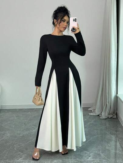 Rafferiza فستان كاجوال وللمكتب بأكمام طويلة وياقة دائرية، بتصميم لوني مرقع، مناسب للمناسبات، فستان ماكسي للنساء في فصلي الخريف والشتاء