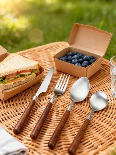 طقم أدوات مائدة خشبية، من الفولاذ المقاوم للصدأ مع مقبض من خشب الجوز، طقم مكون من 4 قطع بما في ذلك السكين والشوكة والملعقة، مناسب للمنزل والمطبخ والحفلات والمطاعم