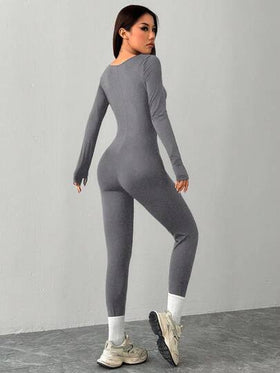 SHEIN PETITE جمبسوت رياضية كاجوال محبوكة بياقة مربعة ضيقة للرياضة واليوغا