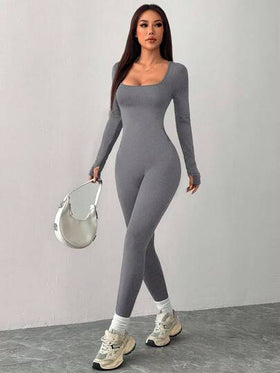 SHEIN PETITE جمبسوت رياضية كاجوال محبوكة بياقة مربعة ضيقة للرياضة واليوغا
