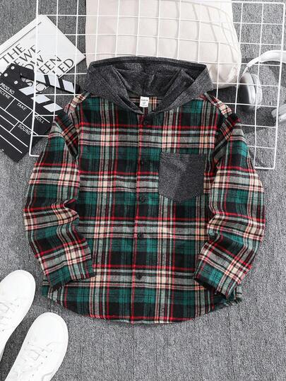 SHEIN قميص بأكمام طويلة وأزرار للأولاد المراهقين، بتصميم كاجوال يومي مريح، مزين بقطع قماش مربعة ذات ألوان سادة