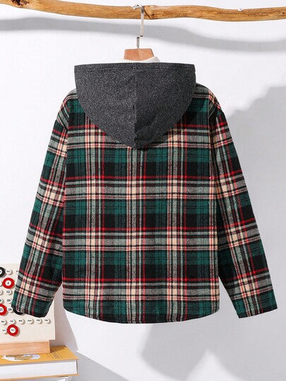 SHEIN قميص بأكمام طويلة وأزرار للأولاد المراهقين، بتصميم كاجوال يومي مريح، مزين بقطع قماش مربعة ذات ألوان سادة