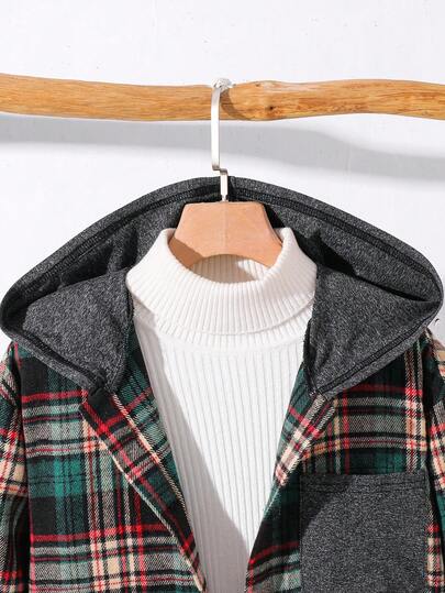 SHEIN قميص بأكمام طويلة وأزرار للأولاد المراهقين، بتصميم كاجوال يومي مريح، مزين بقطع قماش مربعة ذات ألوان سادة