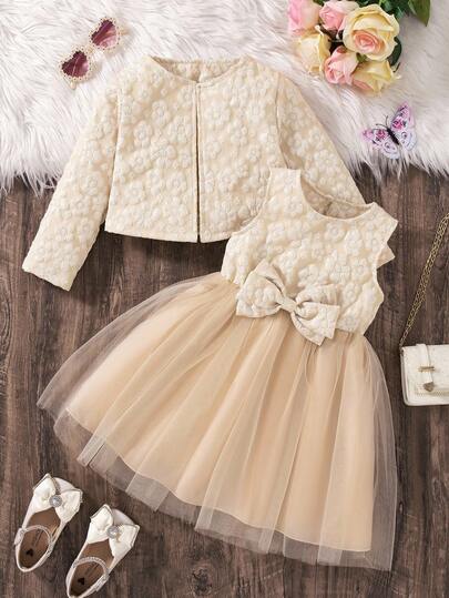 SHEIN Elladie kids طقم جاكار ناعم بفيونكة وتول متدلي بأكمام طويلة وتنورة، للفتاة، للخريف/الشتاء، قطعتان