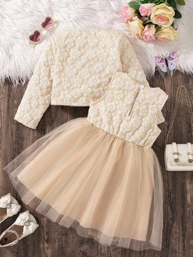 SHEIN Elladie kids طقم جاكار ناعم بفيونكة وتول متدلي بأكمام طويلة وتنورة، للفتاة، للخريف/الشتاء، قطعتان