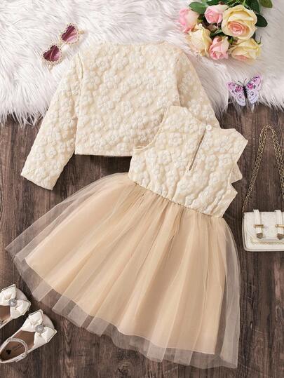 SHEIN Elladie kids طقم جاكار ناعم بفيونكة وتول متدلي بأكمام طويلة وتنورة، للفتاة، للخريف/الشتاء، قطعتان