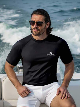 Manfinity Swimmode بلوزة رجالية بأكمام راجلان وياقة مستديرة وأكمام قصيرة، قميص رياضي مناسب للارتداء اليومي بقصة ضيقة