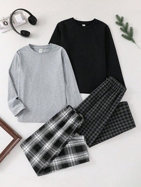 SHEIN 4 قطع مجموعة بيجامات للأولاد/المراهقين، تتكون من بلوزة بياقة طاقم بأكمام طويلة وبنطال مستقيم بنمط مربعات، لونين مختلفين، 4 قطع