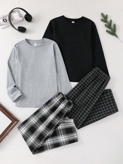 SHEIN 4 قطع مجموعة بيجامات للأولاد/المراهقين، تتكون من بلوزة بياقة طاقم بأكمام طويلة وبنطال مستقيم بنمط مربعات، لونين مختلفين، 4 قطع