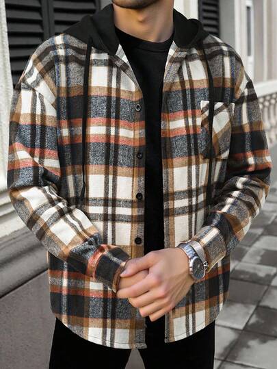 Manfinity Homme جاكيت رجالية فضفاضة مطبوعة بنمط المربعات مع سحاب وقبعة طويلة الأكمام (بدون تي شيرت) جاكيت فلانيل مع قبعة للرجال، جاكيت مربعة مقنعة للرجال، جاكيت مربعة مقنعة للرجال، جاكيت مربعة مقنعة للرجال في فصل الخريف