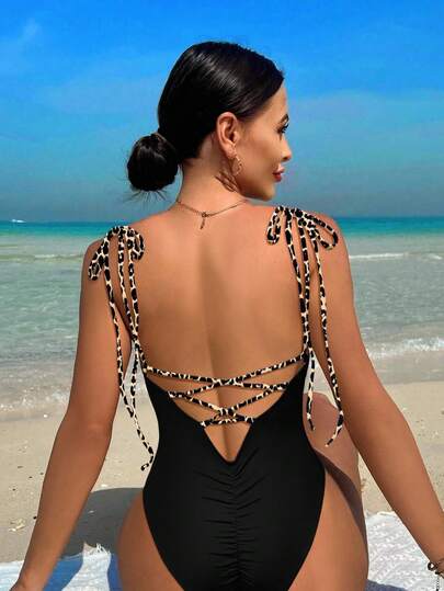 Swim Vcay بدلة سباحة نسائية واحدة الجزء خلفية لشبكية ذات طبعة فهد، مناسبة للعطلات والشاطئ