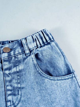 Sparklyn قميص تي شيرت بأكمام قصيرة وياقة دائرية مريح للفتيات مع تصميم رقعة جينز مطرزة بفراشات ثلاثية الأبعاد، بنطلون جينز كاجوال واسع مغسول للفتيات مع جيوب متعددة، كاجوال وأنيق للارتداء اليومي