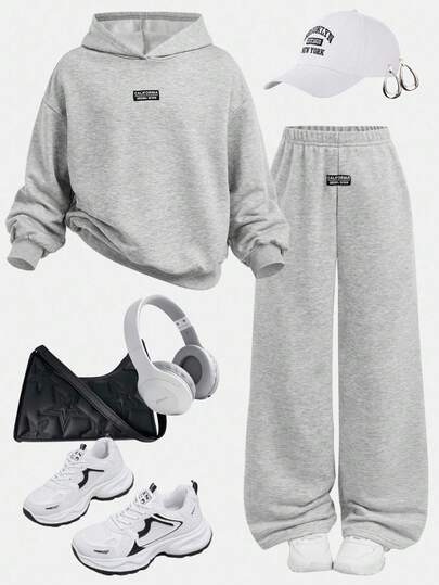 SHEIN مجموعة رياضية كاجوال رمادية للبنات المراهقات، طقم أسلوب رياضي للحرم الجامعي، مناسب للملابس اليومية للأطفال، العودة إلى المدرسة، حفل الافتتاح، الارتداء اليومي، المدرسة، السفر، الرياضة، خريف/شتاء، قطعتان/مجموعة