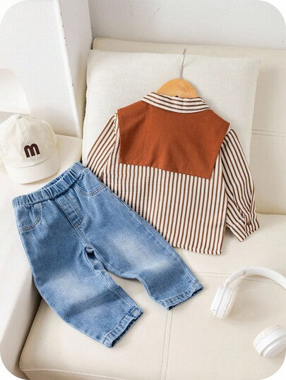 SHEIN مجموعة 3 قطع قميص مخطط كاجوال للأطفال الصبية، وشال بني، وبنطلون جينز أزرق، مناسبة لحفلة عيد الميلاد، الحفلات المسائية، الحفلات، حفل الزفاف، شهر الطفل الأول، المعمودية وعيد الميلاد الأول، روضة الأطفال