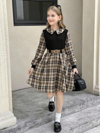 SHEIN فستان كاجوال مريح بنمط مربعات منسوج للفتيات المراهقات