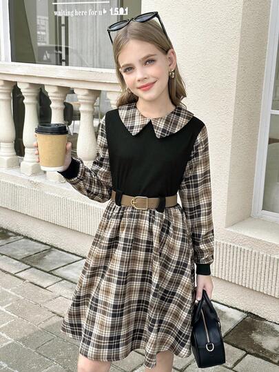 SHEIN فستان كاجوال مريح بنمط مربعات منسوج للفتيات المراهقات