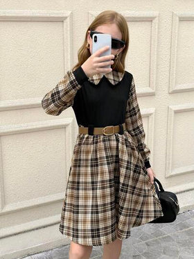 SHEIN فستان كاجوال مريح بنمط مربعات منسوج للفتيات المراهقات