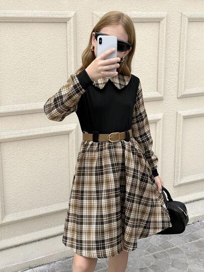 SHEIN فستان كاجوال مريح بنمط مربعات منسوج للفتيات المراهقات