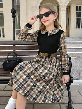 SHEIN فستان كاجوال مريح بنمط مربعات منسوج للفتيات المراهقات