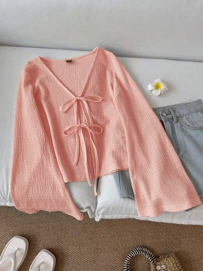 SHEIN LUNE ملابس علوية نسائية كاجوال بأكمام واسعة وربطة أمامية، لون أحادي ملمس، ملابس خريفية بفيونكة، بلوزات محبوكة جميلة، ملابس كوتاجكور، ملابس علوية كنزة كاجوال