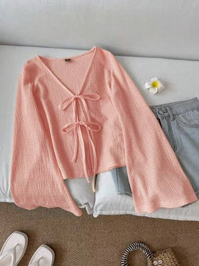 SHEIN LUNE ملابس علوية نسائية كاجوال بأكمام واسعة وربطة أمامية، لون أحادي ملمس، ملابس خريفية بفيونكة، بلوزات محبوكة جميلة، ملابس كوتاجكور، ملابس علوية كنزة كاجوال