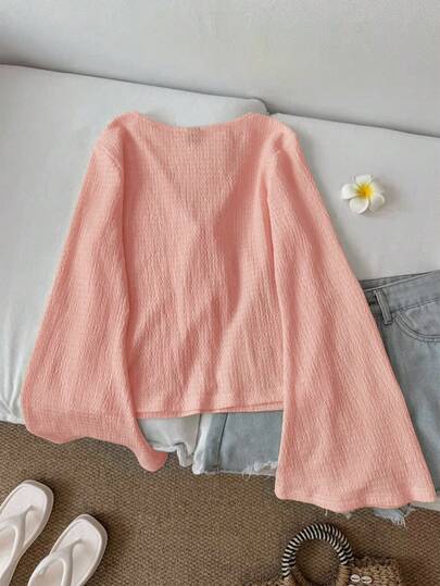 SHEIN LUNE ملابس علوية نسائية كاجوال بأكمام واسعة وربطة أمامية، لون أحادي ملمس، ملابس خريفية بفيونكة، بلوزات محبوكة جميلة، ملابس كوتاجكور، ملابس علوية كنزة كاجوال