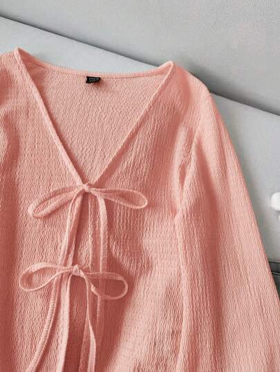SHEIN LUNE ملابس علوية نسائية كاجوال بأكمام واسعة وربطة أمامية، لون أحادي ملمس، ملابس خريفية بفيونكة، بلوزات محبوكة جميلة، ملابس كوتاجكور، ملابس علوية كنزة كاجوال